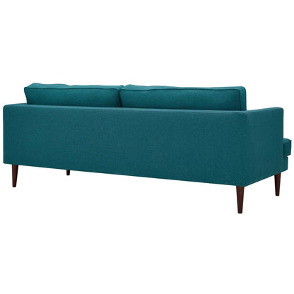 Teal fabric mid-century sofa with wooden tapered legs and two back cushions for stylish living room seating.
