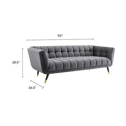 Gray velvet tufted sofa, mid-century modern with gold-tipped legs, 90 in long, 28.5 in high, 36.5 in deep