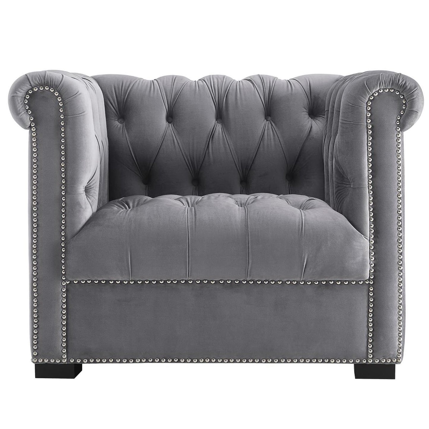 Grey velvet tufted Chesterfield armchair with rolled arms, nailhead trim & short block feet.