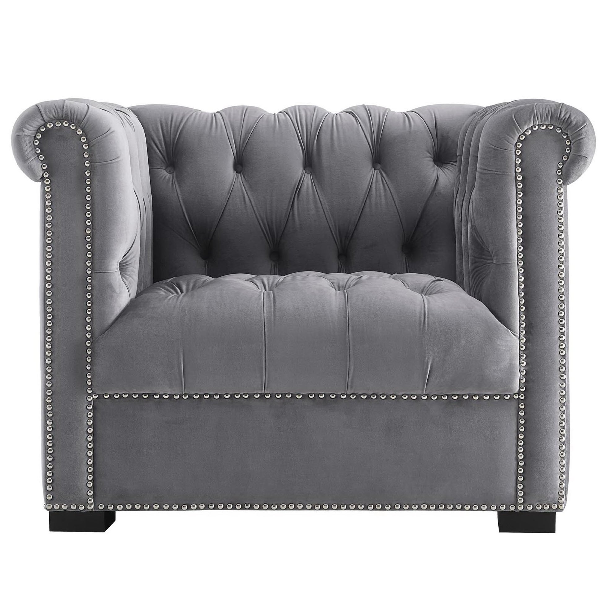 Grey velvet tufted Chesterfield armchair with rolled arms, nailhead trim & short block feet.
