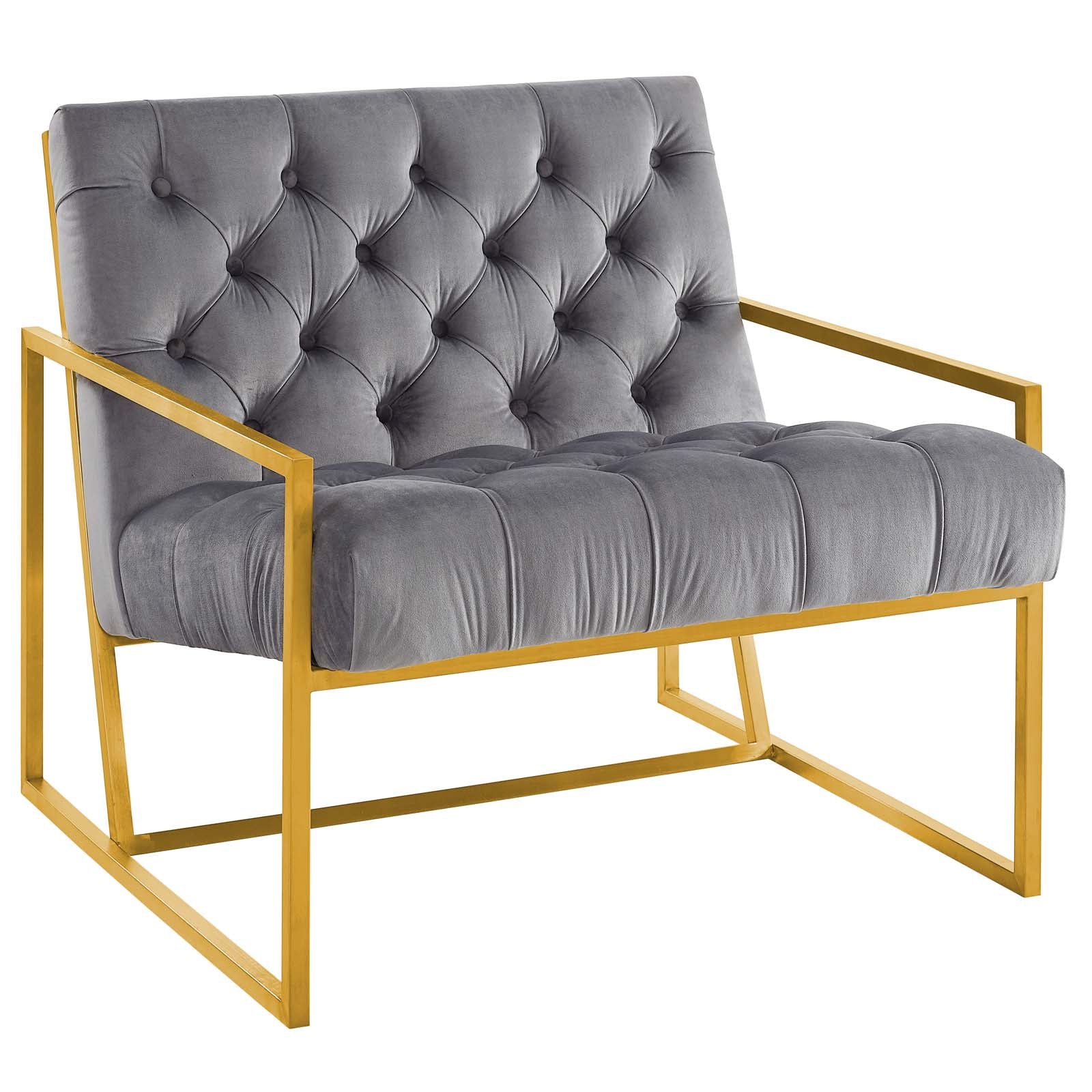 Grey performance velvet accent chair with a gold stainless steel frame; modern geometric design and button-tufted cushions.