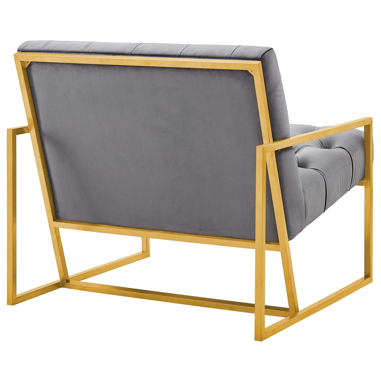 Modern gold stainless steel frame accent chair with gray tufted cushions and angular square arms.