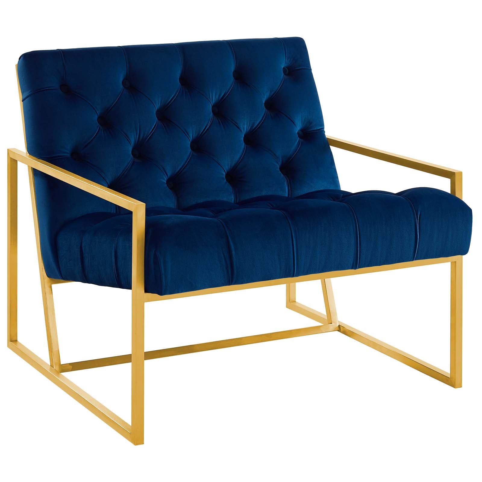 Navy blue tufted velvet accent chair with a gold stainless steel frame and angular arms.