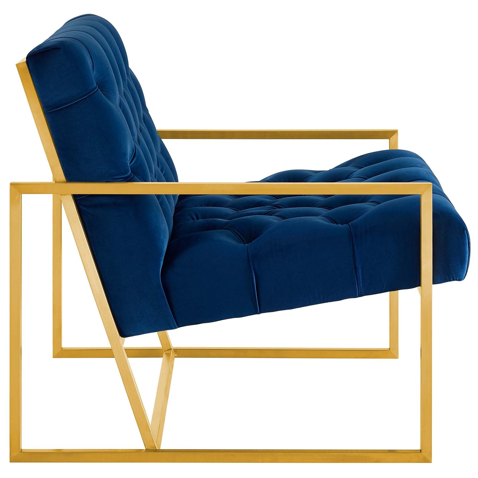 Navy blue tufted velvet accent chair with a gold stainless steel frame.