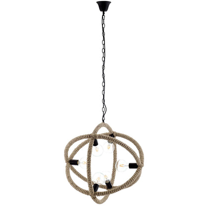 Beige rope sphere pendant chandelier with multiple Edison bulbs, black chain and ceiling canopy.