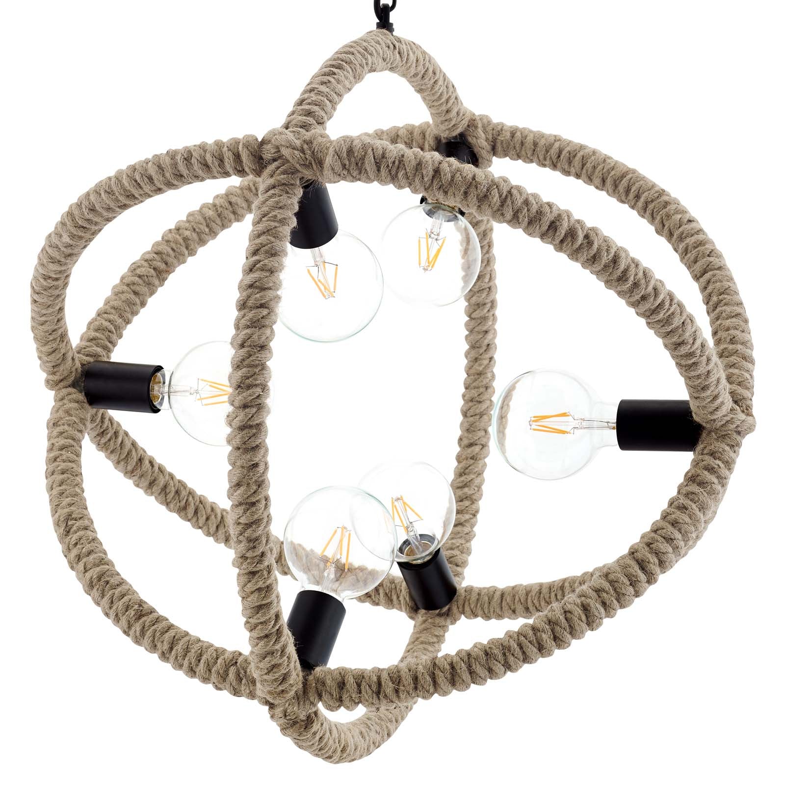 Beige rope orb pendant light with exposed Edison bulbs and black sockets; rustic boho-industrial hanging chandelier.