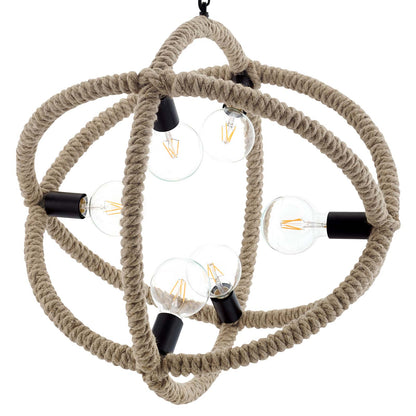 Beige rope orb pendant light with exposed Edison bulbs and black sockets; rustic boho-industrial hanging chandelier.