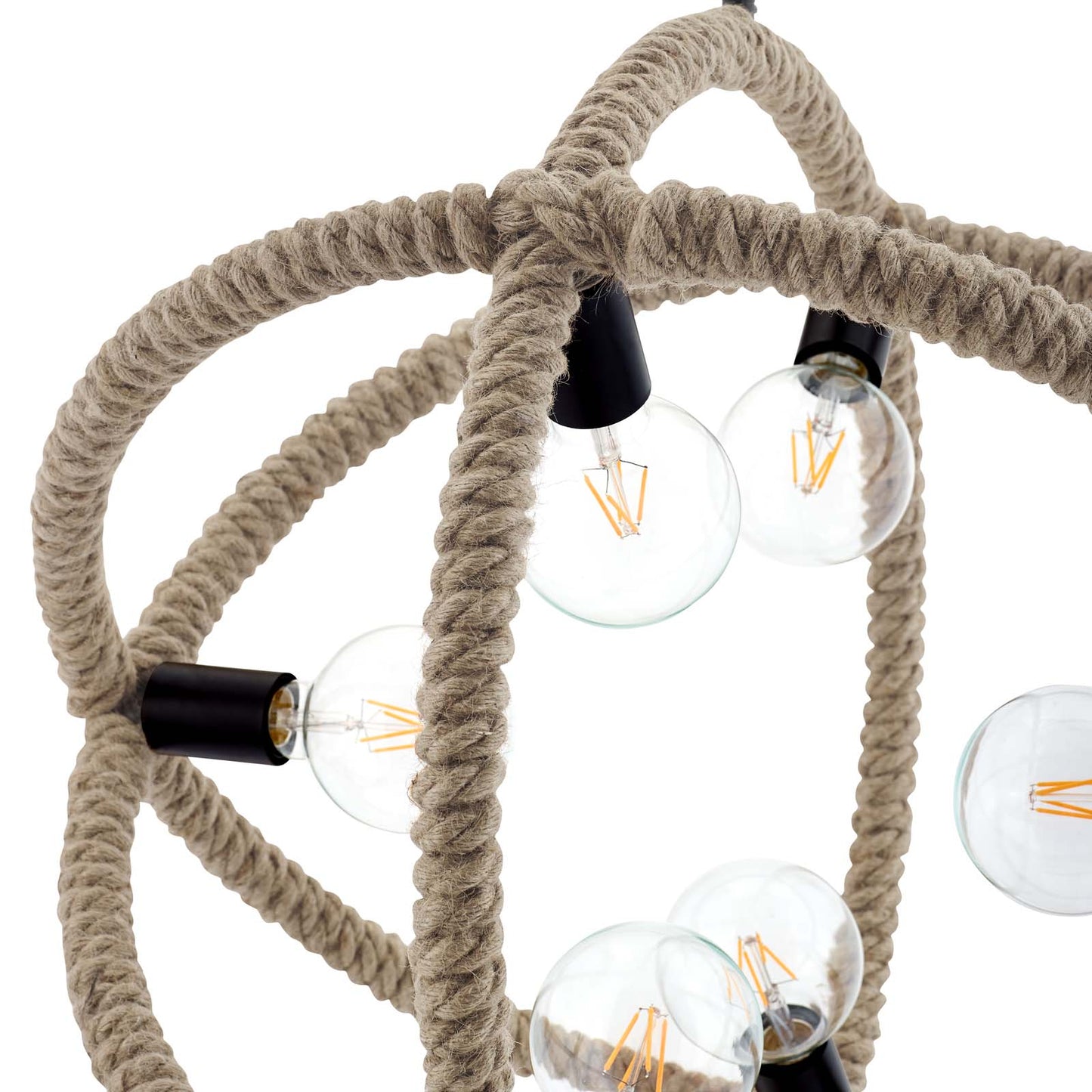 Beige jute rope pendant chandelier with intertwined strands and multiple clear glass Edison bulbs.