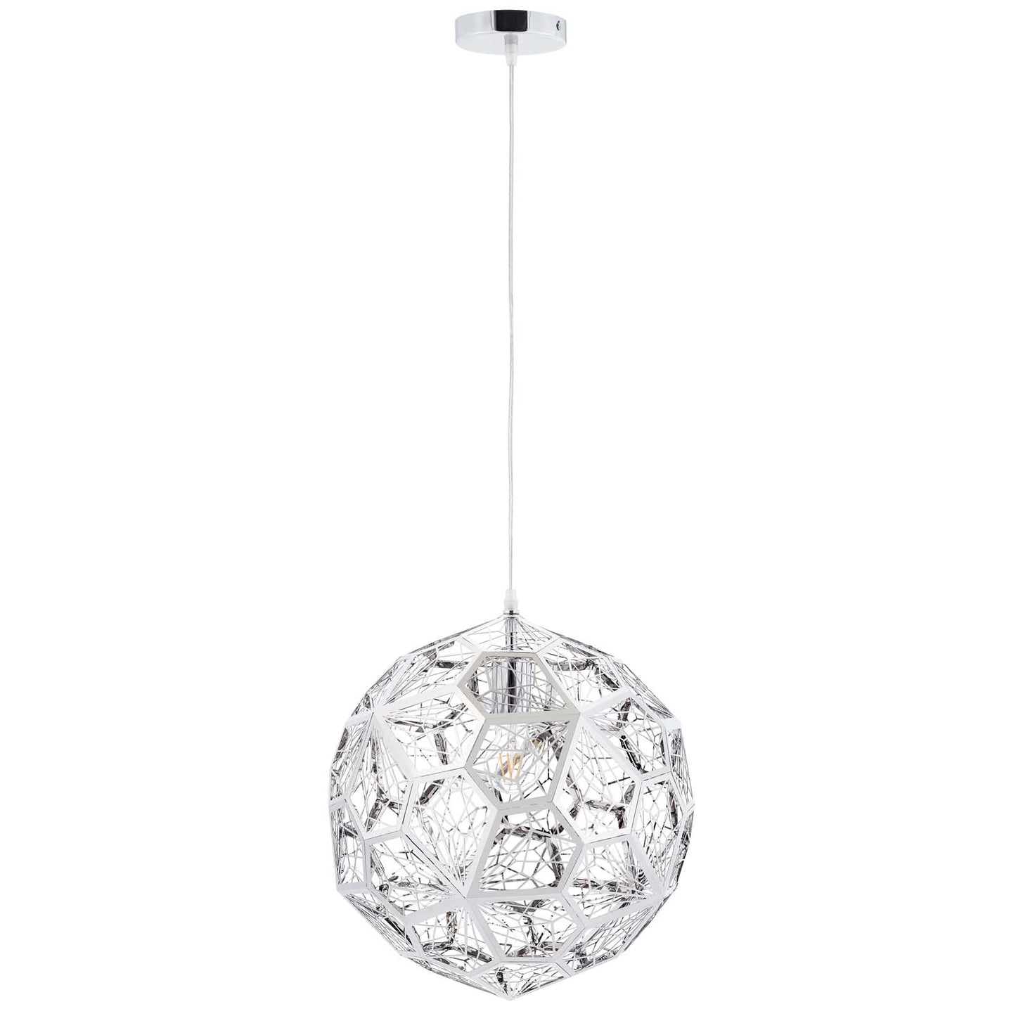 Chrome spherical pendant light with a geometric open-frame metal cage, suspended by a white cord.