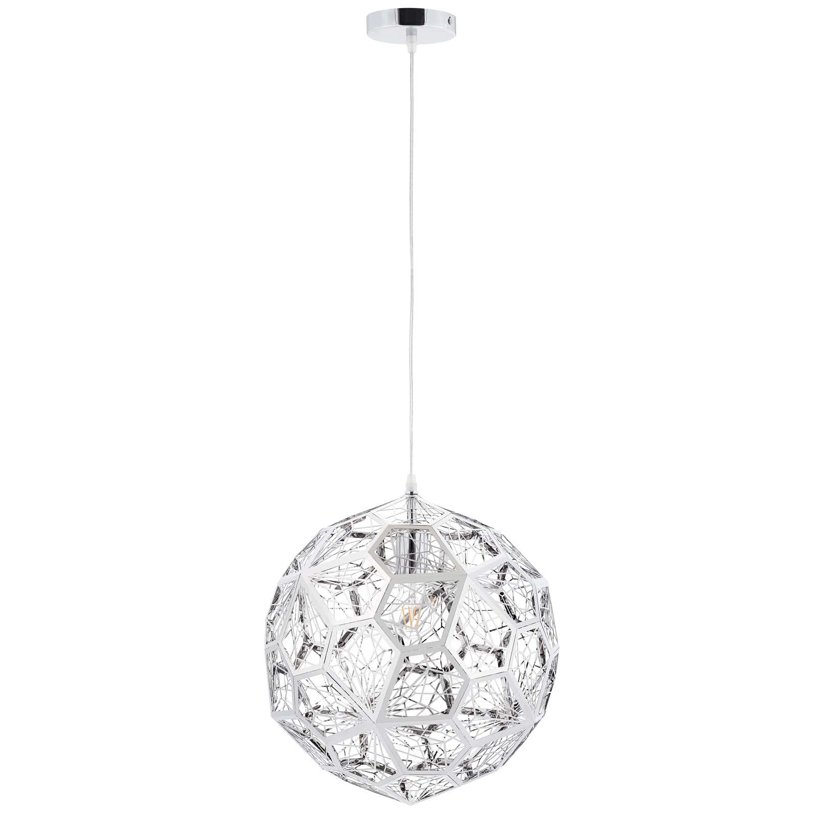 Chrome spherical pendant light with a geometric open-frame metal cage, suspended by a white cord.