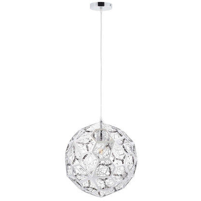 Chrome spherical pendant light with a geometric open-frame metal cage, suspended by a white cord.