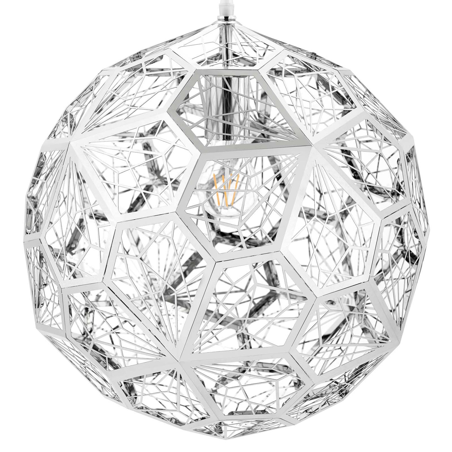 Geometric chrome pendant chandelier, spherical wireframe with pentagon/hexagon panels and an exposed Edison bulb.