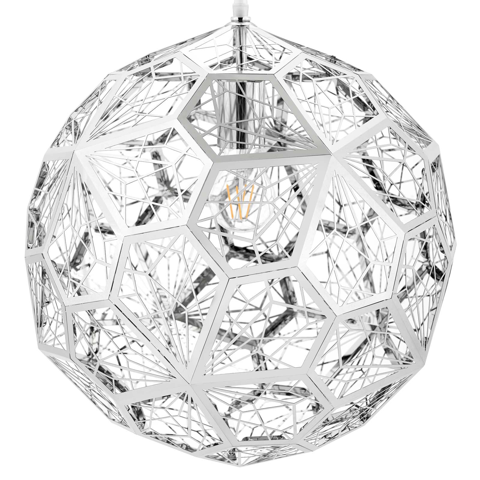 Geometric chrome pendant chandelier, spherical wireframe with pentagon/hexagon panels and an exposed Edison bulb.