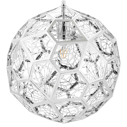 Geometric chrome pendant chandelier, spherical wireframe with pentagon/hexagon panels and an exposed Edison bulb.