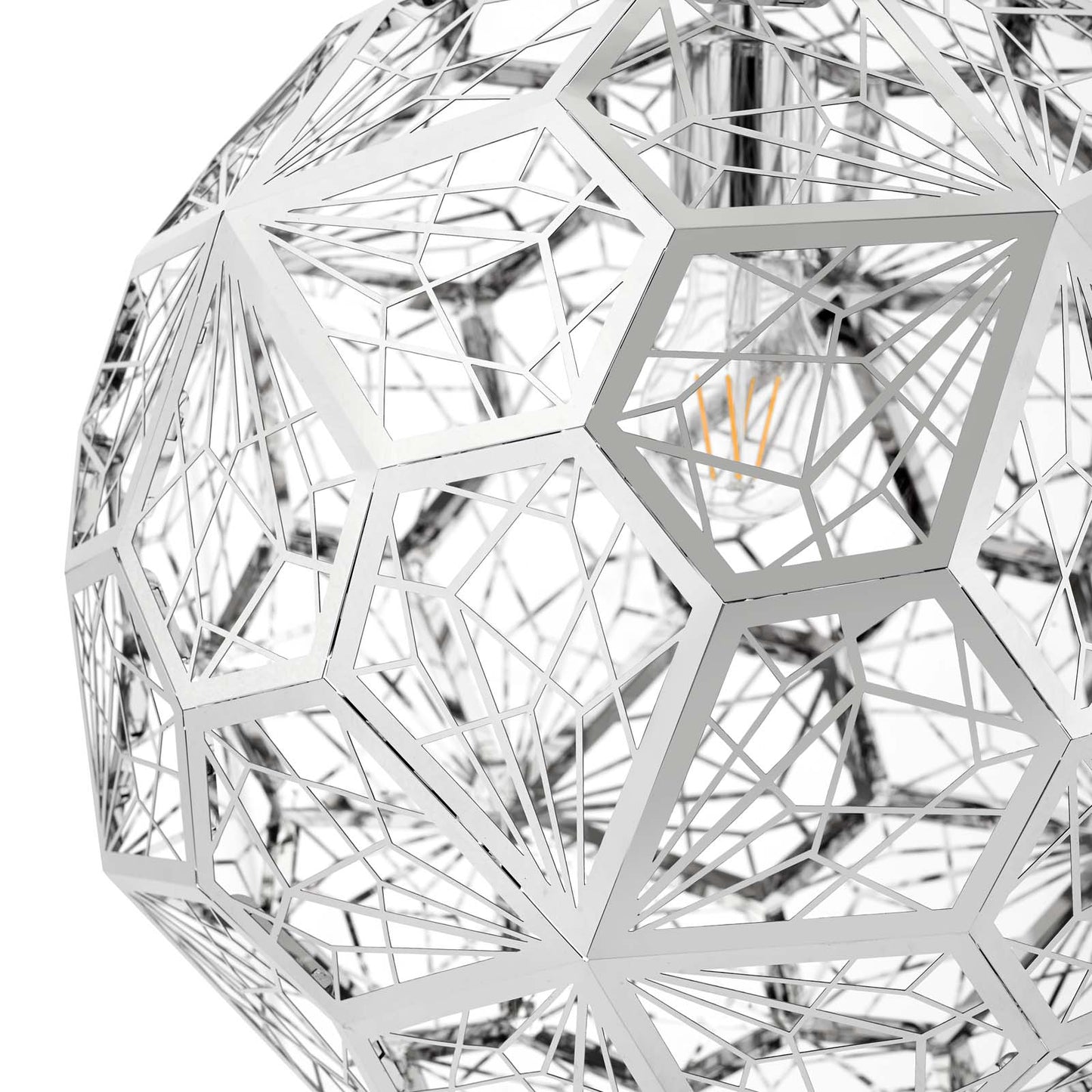 Silver wireframe sphere pendant lamp with geometric polygon panels, modern decorative lighting.
