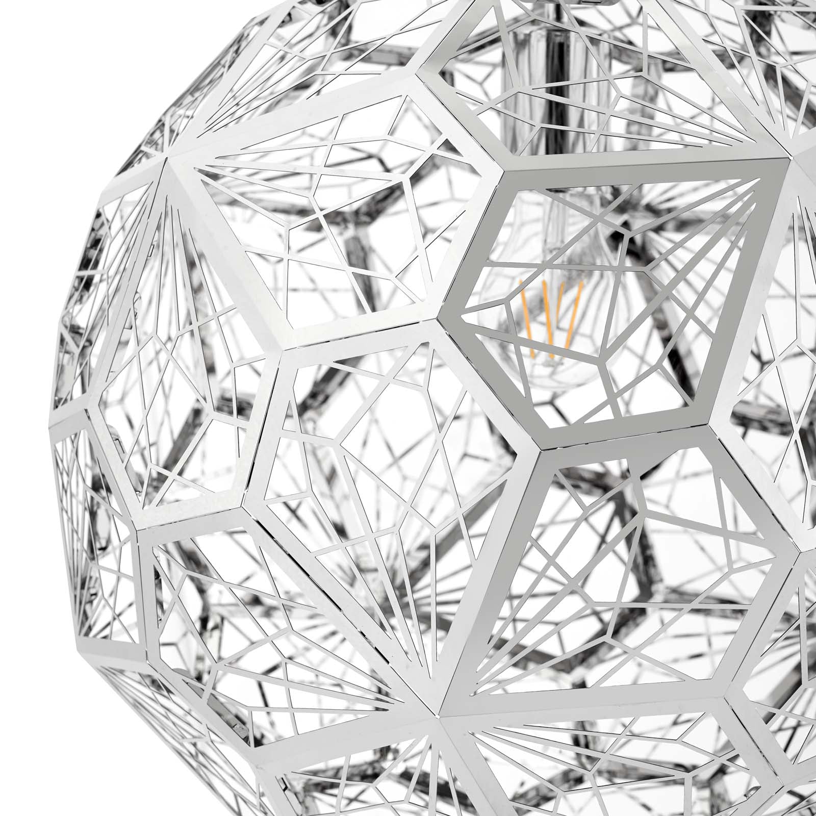 Silver wireframe sphere pendant lamp with geometric polygon panels, modern decorative lighting.