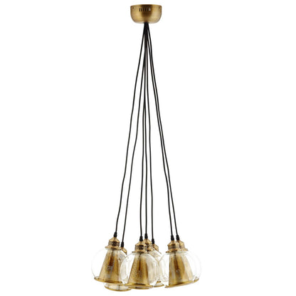Six gold brass pendant lights with clear glass globes on slender black cords, brass ceiling canopy.