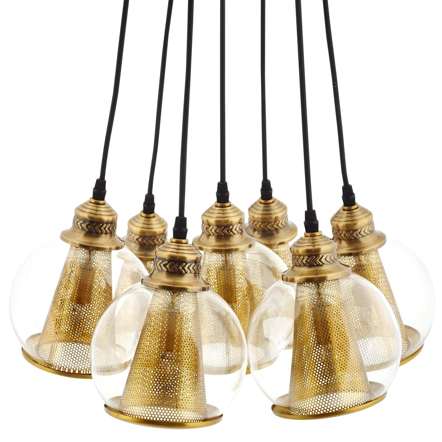 Cluster of brass cone pendant lights with clear glass globe shades on black cords.