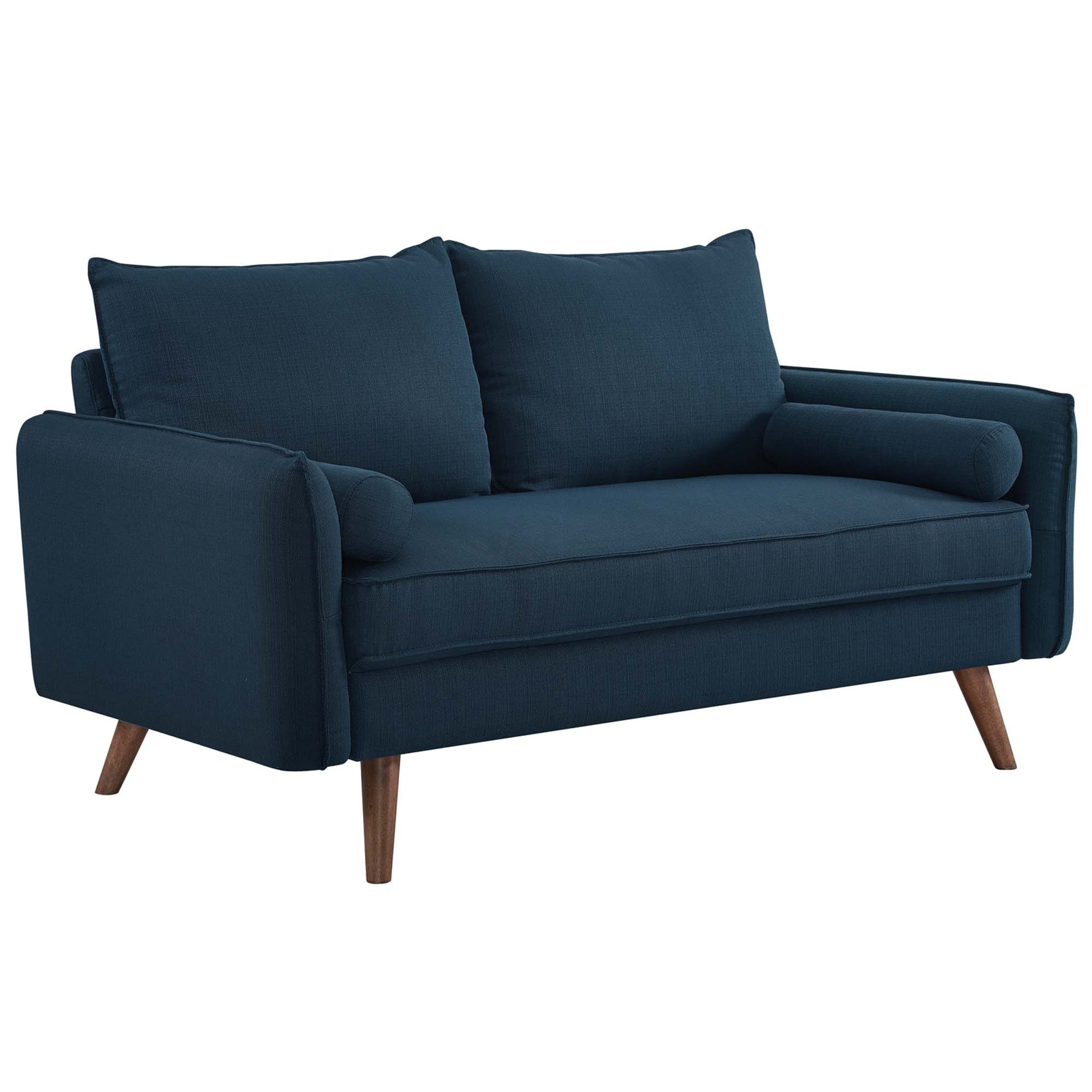 Navy blue mid-century loveseat with wooden tapered legs, two back cushions and cylindrical bolster arm pillows.