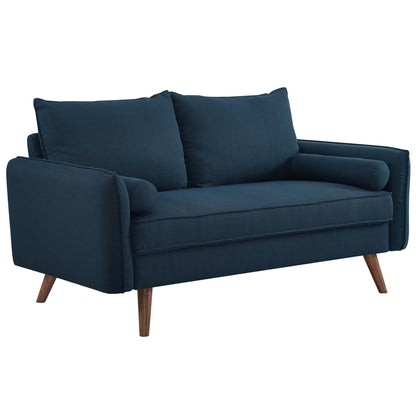 Navy blue mid-century loveseat with wooden tapered legs, two back cushions and cylindrical bolster arm pillows.