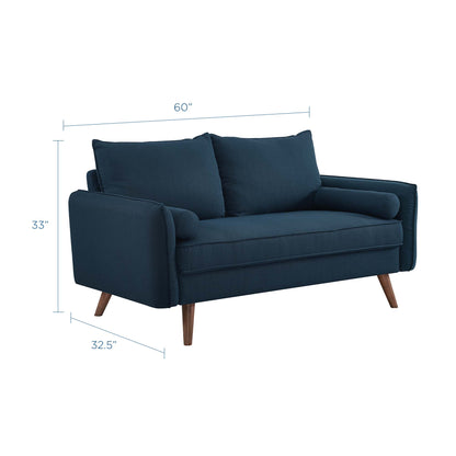 Navy blue fabric loveseat with two back cushions, tapered wooden legs, mid-century style; 60"W x 33"H x 32.5"D.