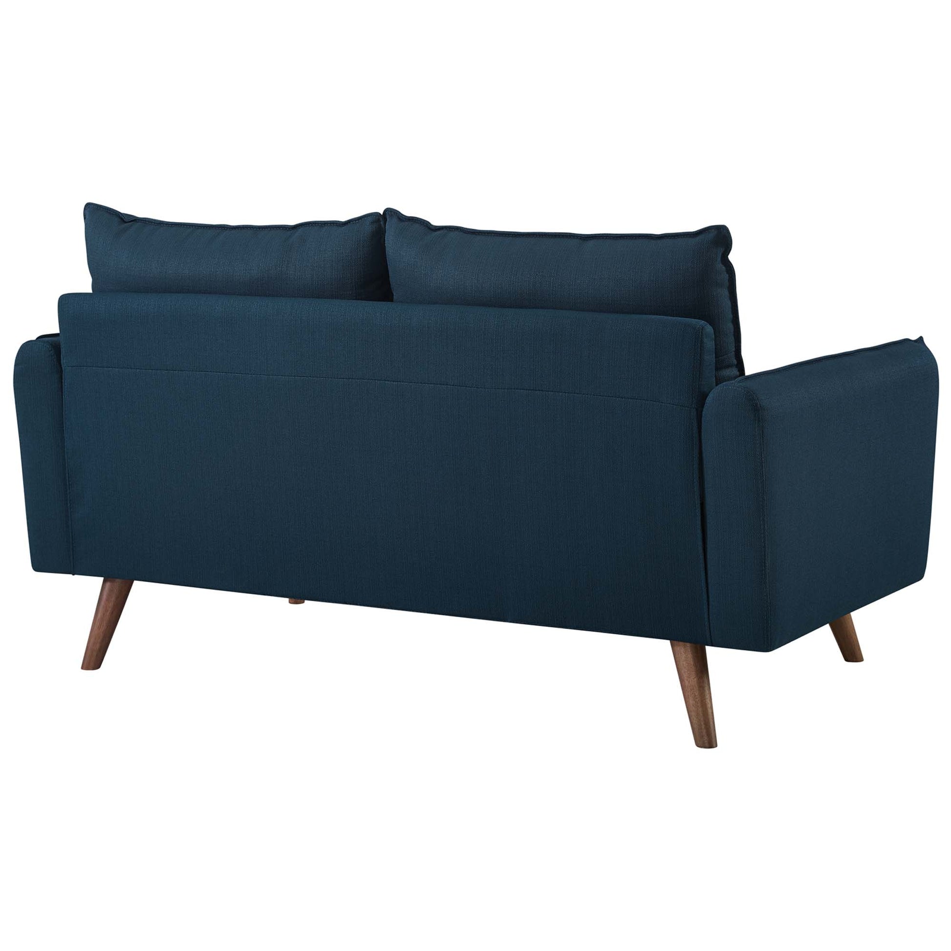 Navy blue mid-century loveseat with wooden tapered legs and two back cushions.
