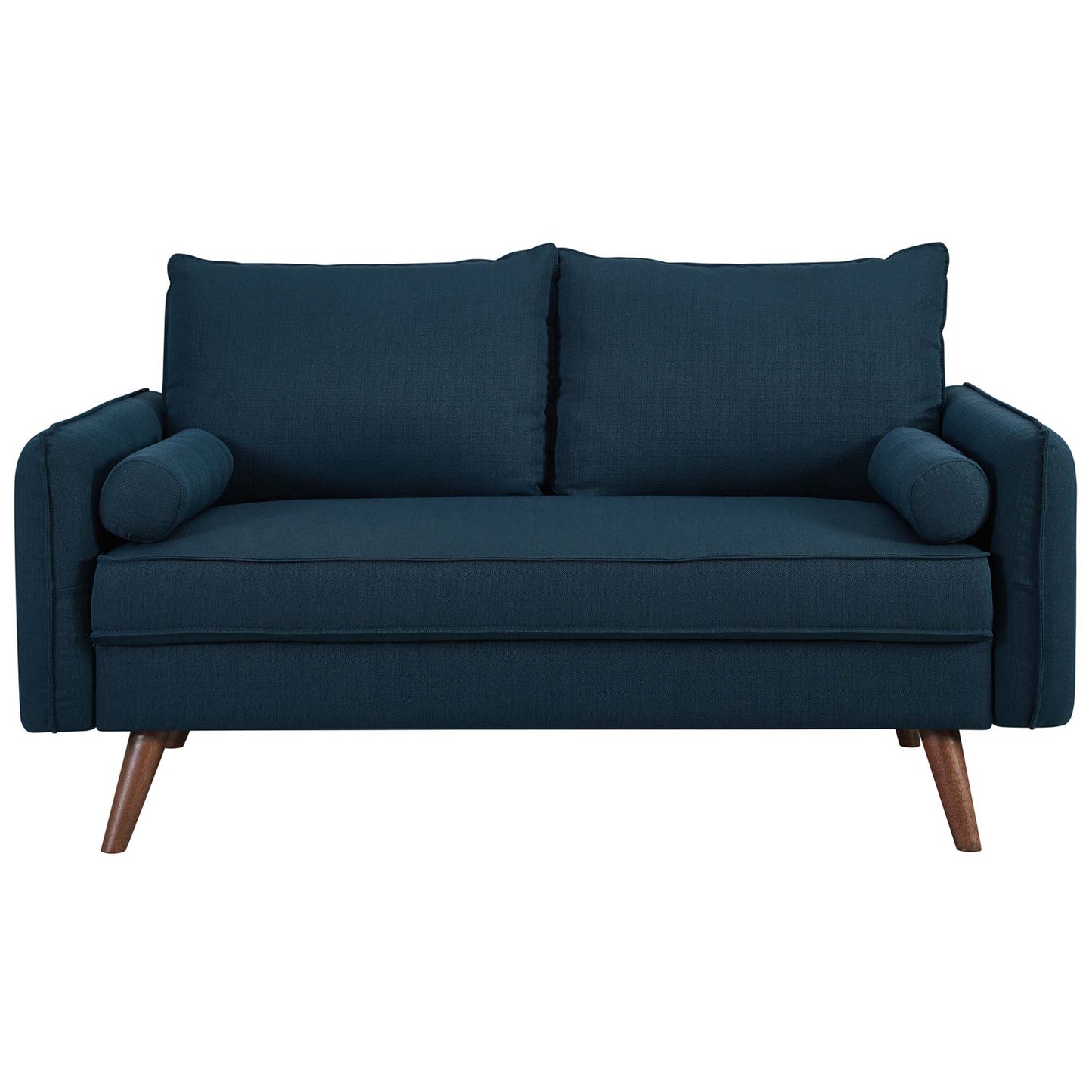 Dark blue fabric mid-century modern loveseat with two back cushions, cylindrical bolster pillows and tapered wooden legs.