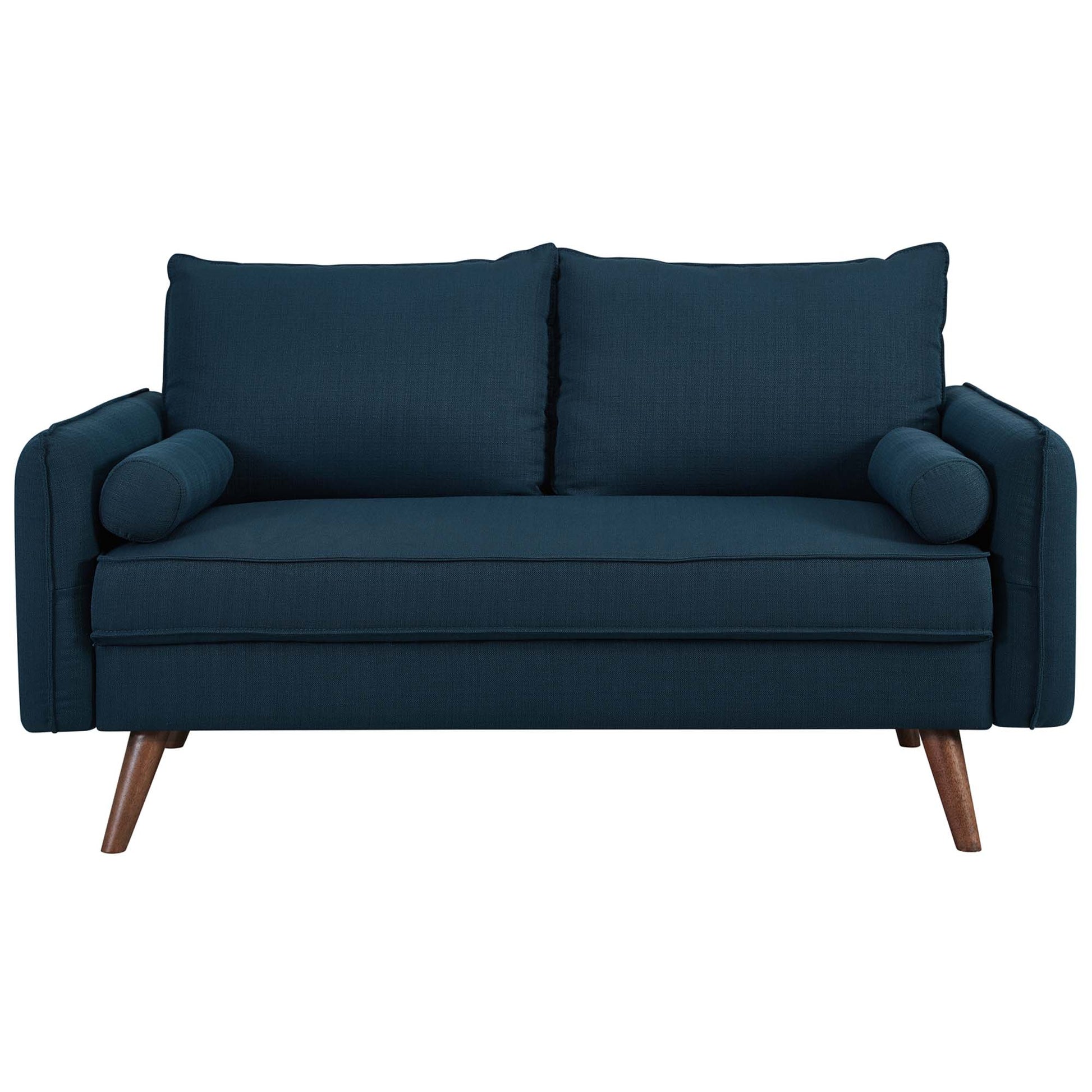 Dark blue fabric mid-century modern loveseat with two back cushions, cylindrical bolster pillows and tapered wooden legs.