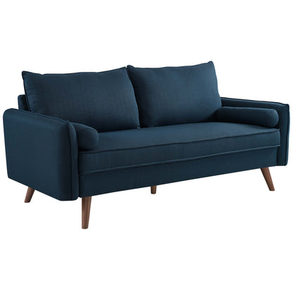 Navy blue velvet sofa with two back cushions, padded arms, and tapered wooden legs.
