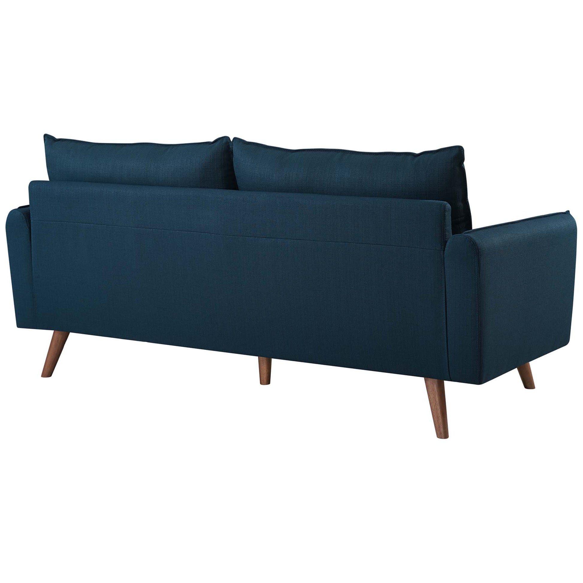 Azure blue fabric mid-century sofa with tapered wooden legs and two back cushions.