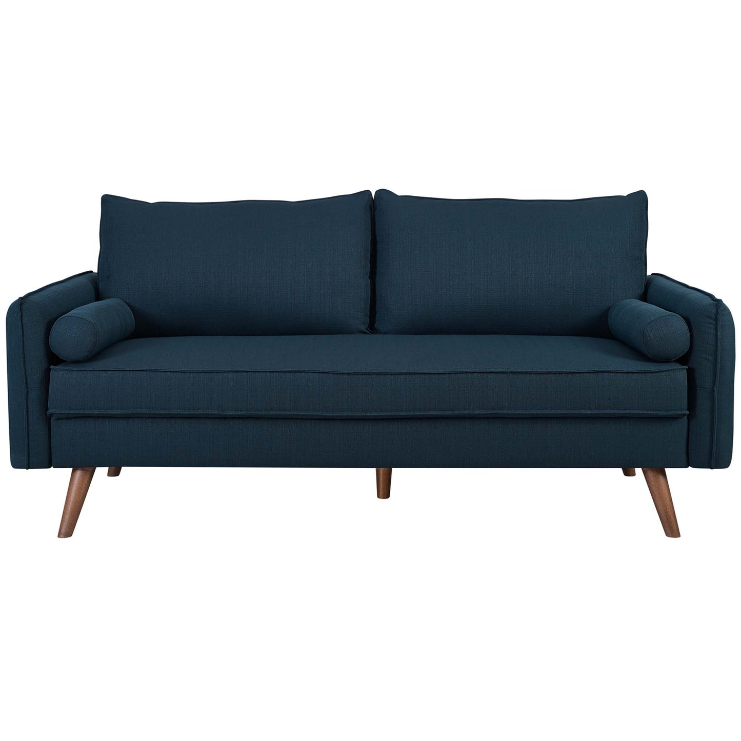 Azure blue fabric sofa with mid-century wooden legs, two large back cushions and cylindrical bolsters.