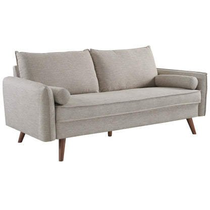 Brown mid-century fabric sofa with wooden tapered legs, two back cushions, and cylindrical arm bolsters.