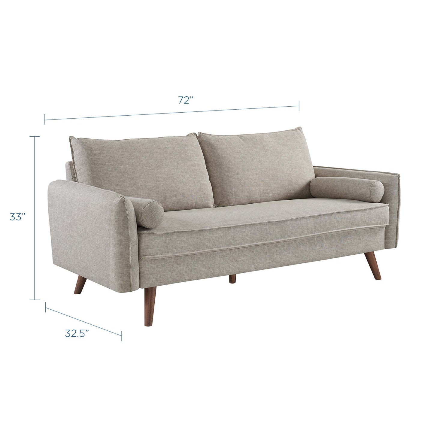 Beige fabric sofa, mid-century style, two back cushions, cylindrical arm bolsters, tapered wood legs, 72" wide.