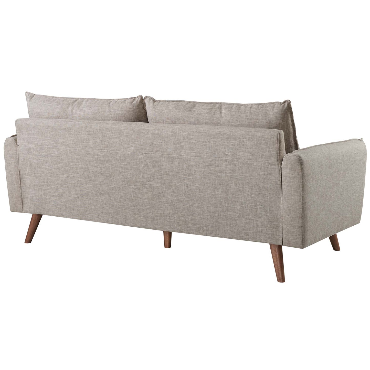 Beige fabric sofa with wooden tapered legs, mid-century style, two back cushions.