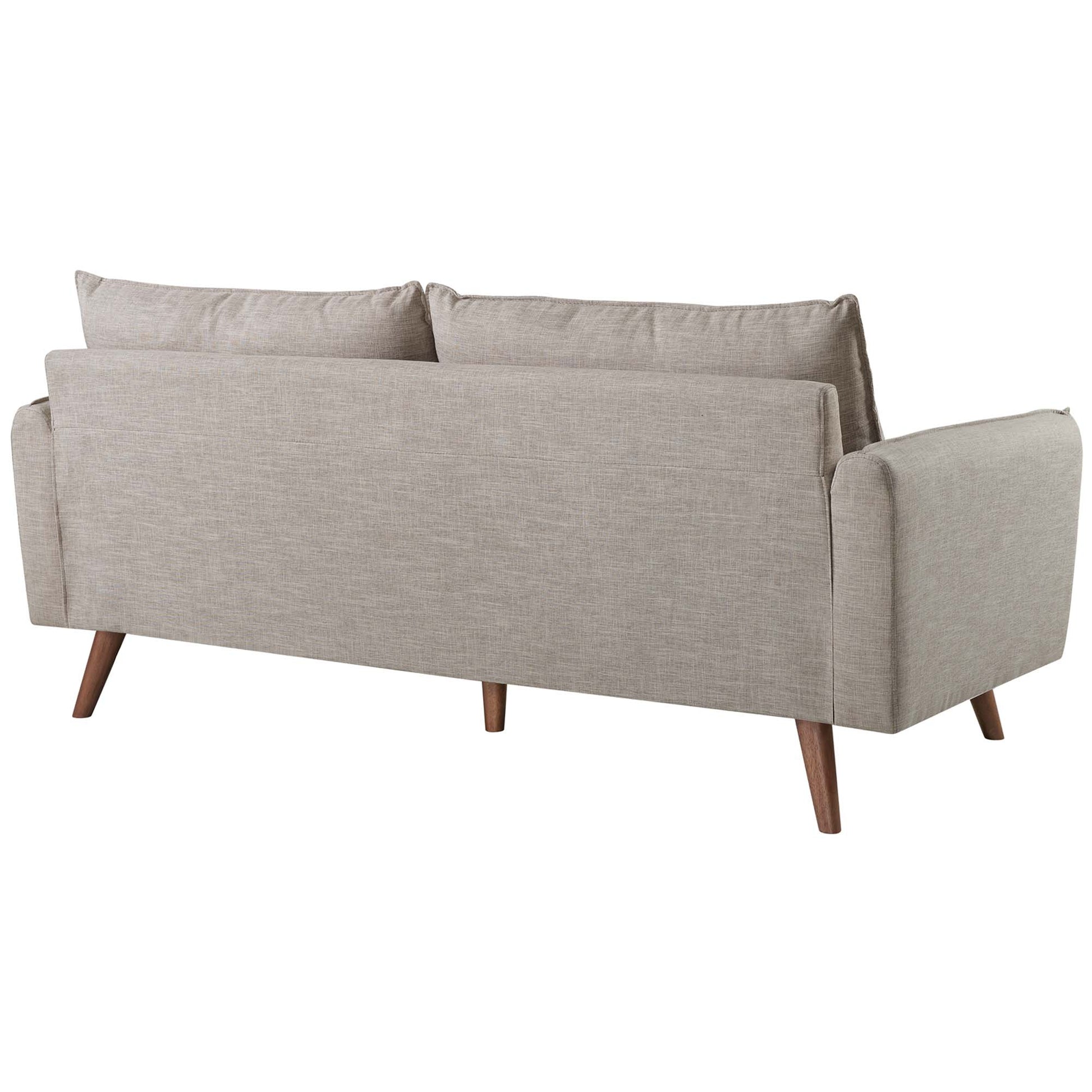 Beige fabric sofa with wooden tapered legs, mid-century style, two back cushions.