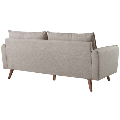 Beige fabric sofa with wooden tapered legs, mid-century style, two back cushions.