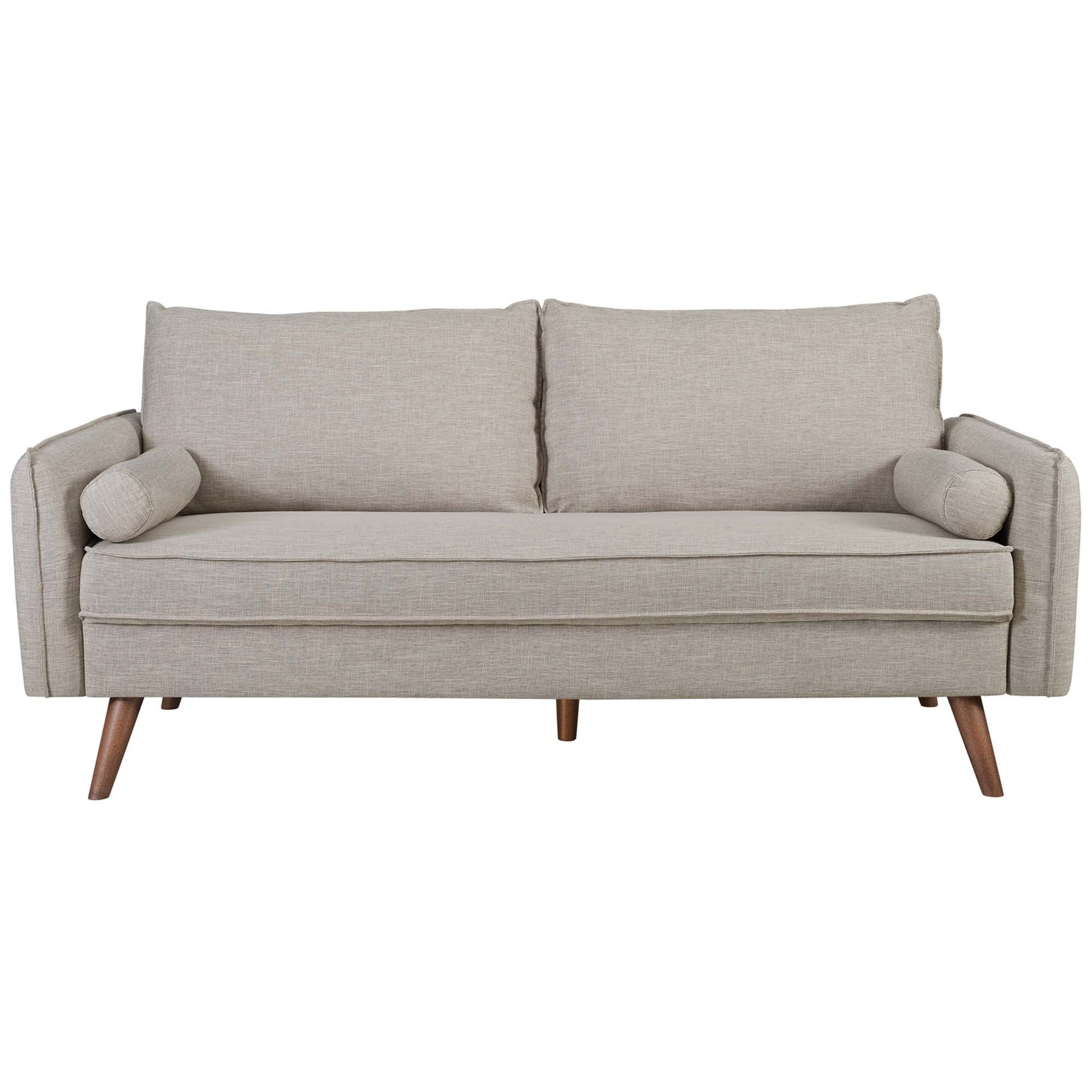 Brown fabric sofa in mid-century style with two back cushions, cylindrical side bolsters and tapered wood legs.