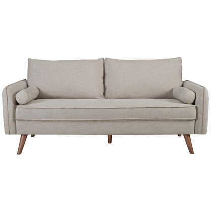 Brown fabric sofa in mid-century style with two back cushions, cylindrical side bolsters and tapered wood legs.