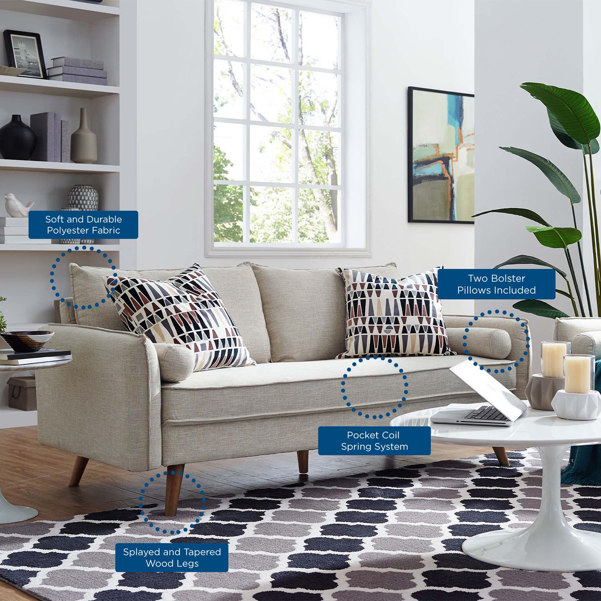 Brown upholstered fabric sofa with splayed wood legs and two geometric-pattern bolster pillows; soft polyester fabric for a modern living room.