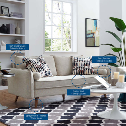 Brown upholstered fabric sofa with splayed wood legs and two geometric-pattern bolster pillows; soft polyester fabric for a modern living room.