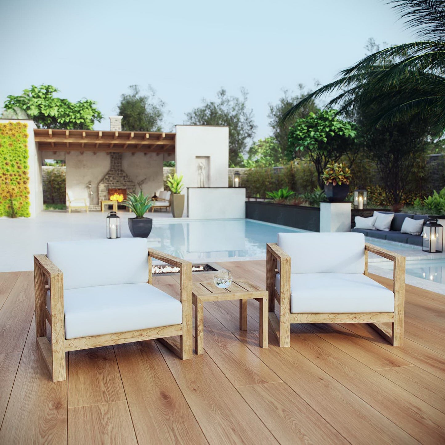 Modway - Upland 3 Piece Outdoor Patio Teak Set by Modway  Outdoor Furniture Sofa Sectionals White - EEI-3119-NAT-WHI-SET