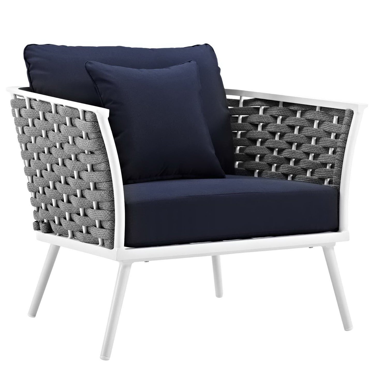 White outdoor aluminum armchairs with navy seat cushions & navy back cushions; set of 2.
