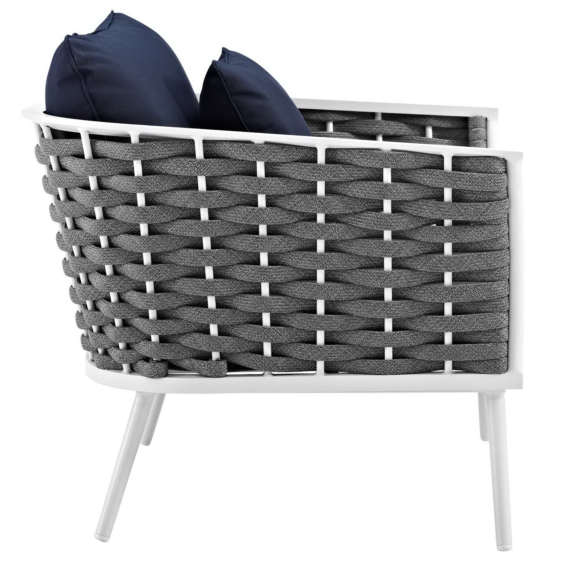White outdoor aluminum armchairs with navy cushions, set of 2
