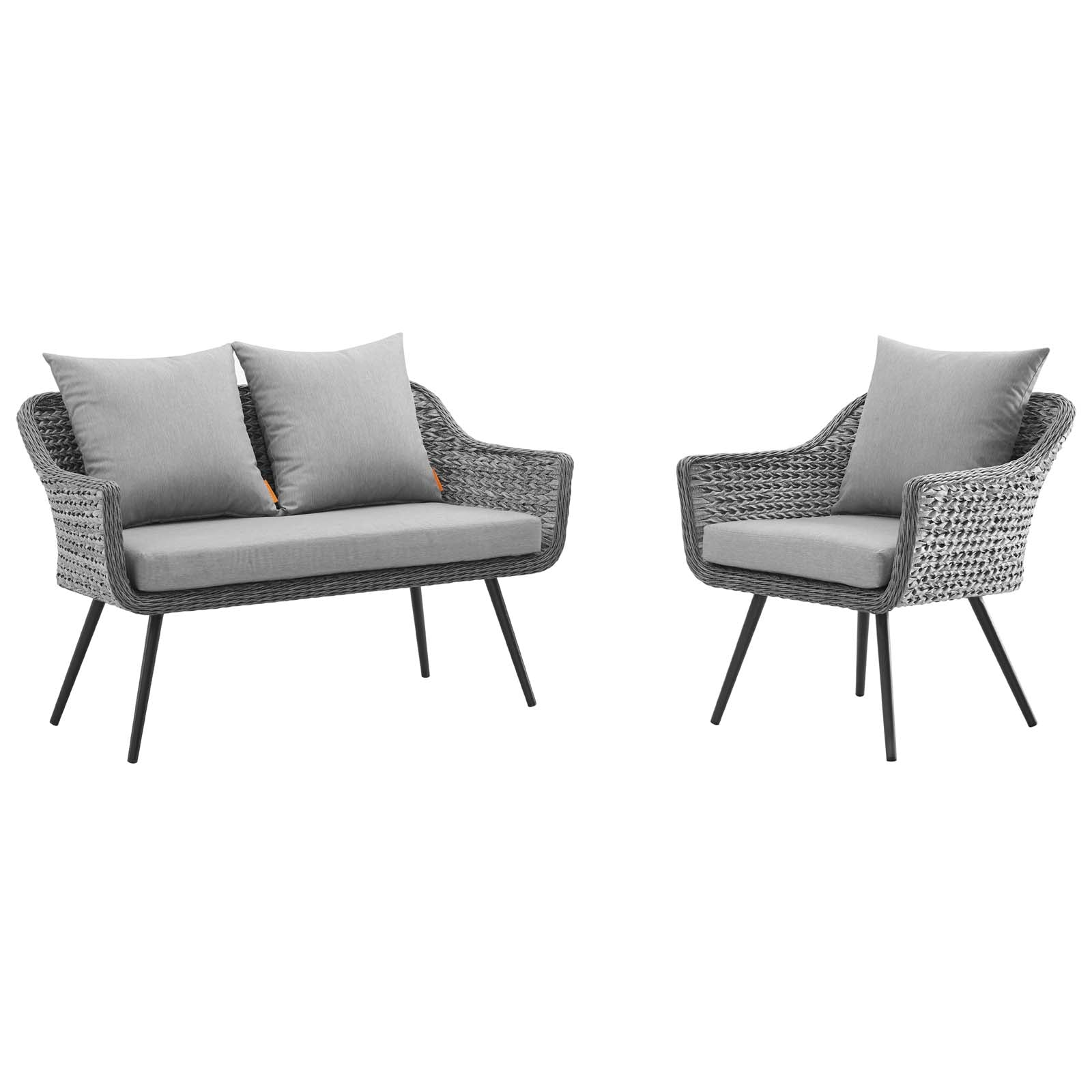 Gray wicker outdoor loveseat & matching armchair set with light gray cushions & slim black legs.