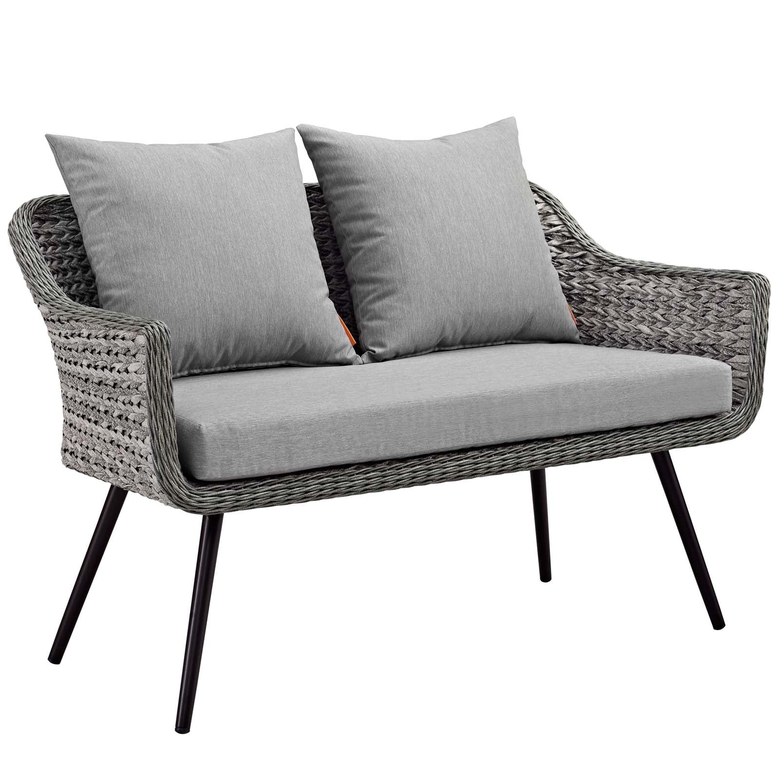 Gray woven rattan outdoor loveseat and armchair set with cushions on slim black metal legs.