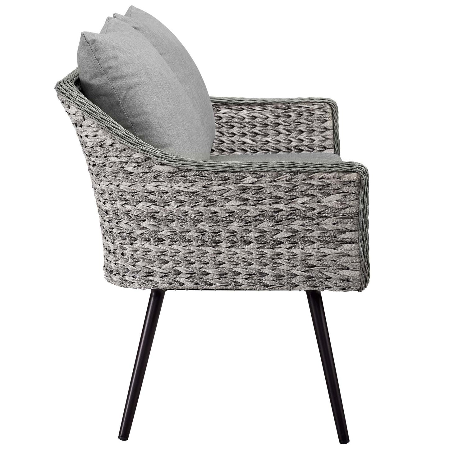Gray woven wicker outdoor loveseat and armchair 2-piece set with plush gray cushions.