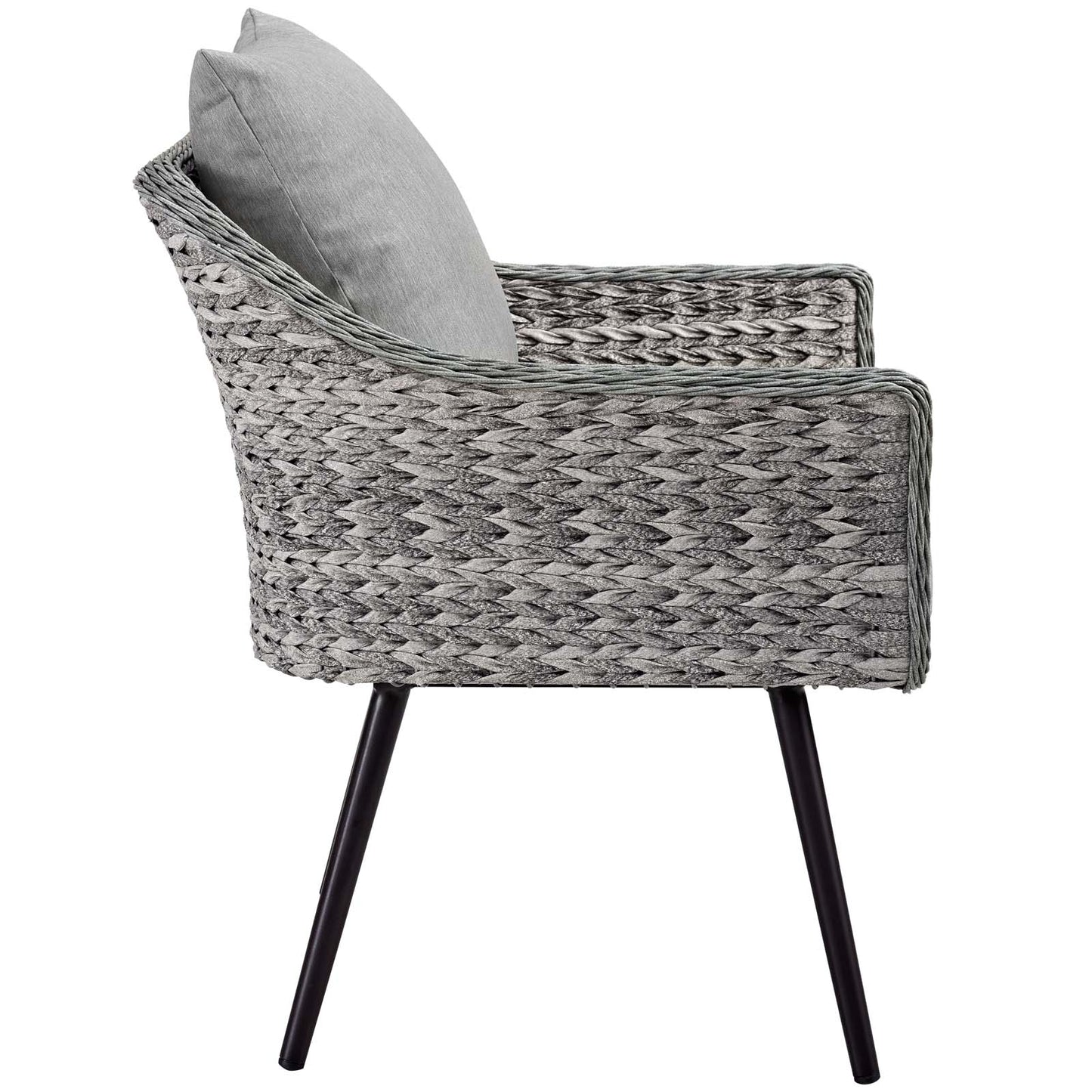 Grey woven rattan loveseat and armchair set with black angled metal legs and light grey cushions, outdoor patio furniture.