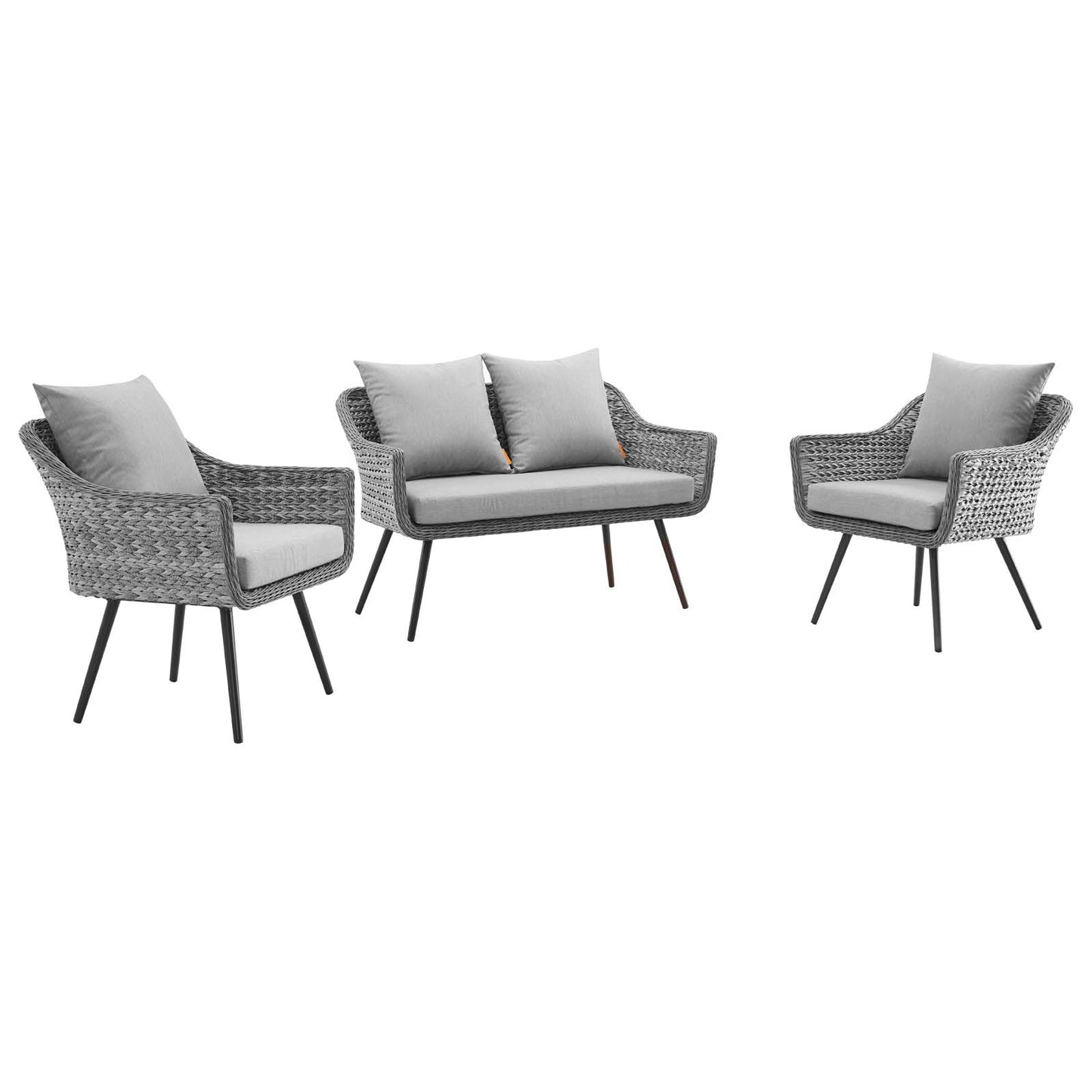 Gray woven rattan outdoor patio set: two armchairs and a loveseat with light gray cushions and slender black metal legs.