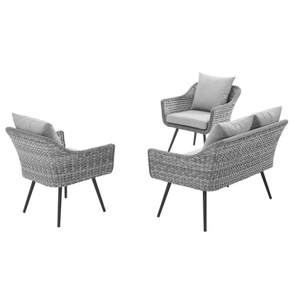 Gray woven outdoor rattan chair set with black metal legs; two armchairs and a loveseat with light gray cushions.