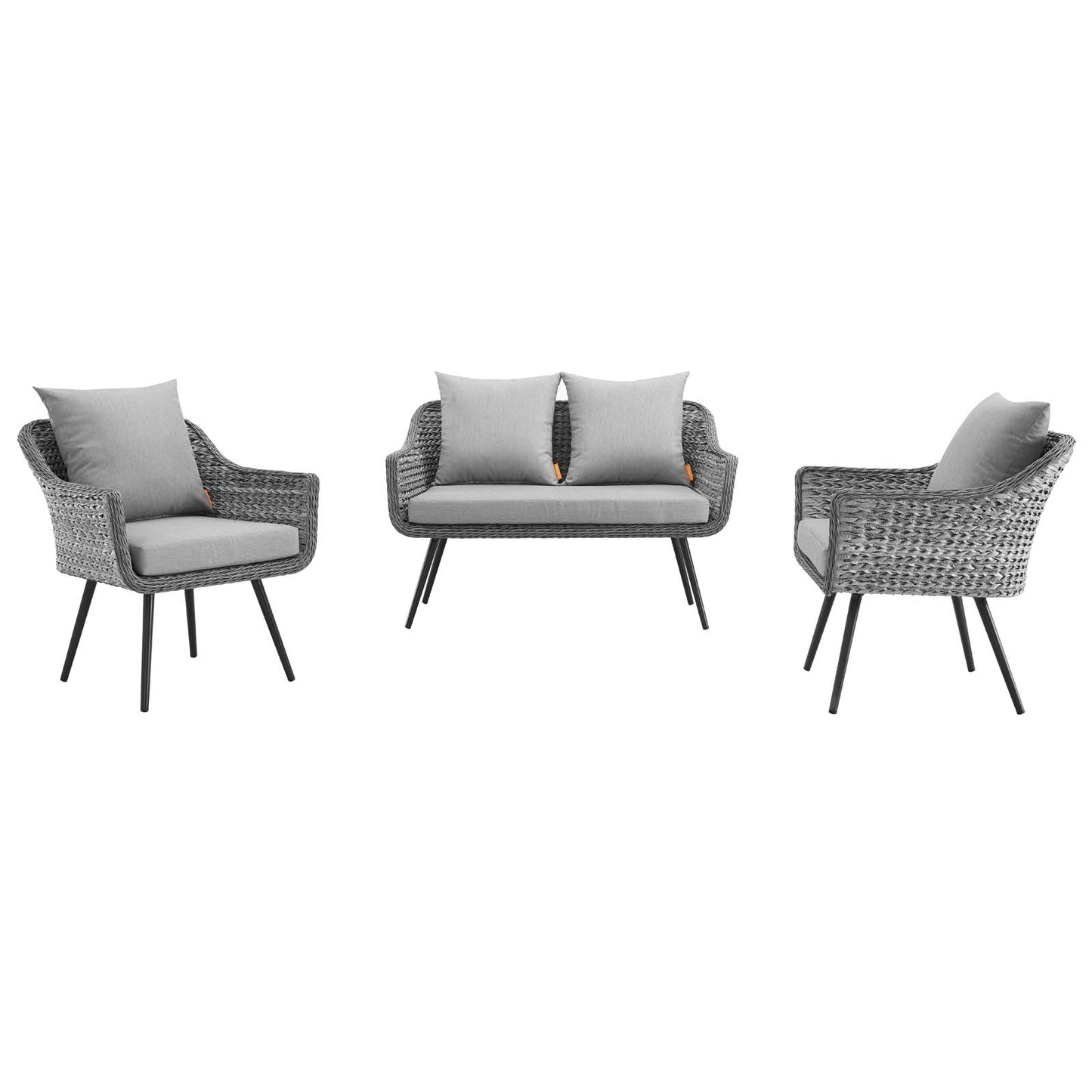 Gray outdoor wicker furniture set: two armchairs and a loveseat with light gray cushions on black metal legs.